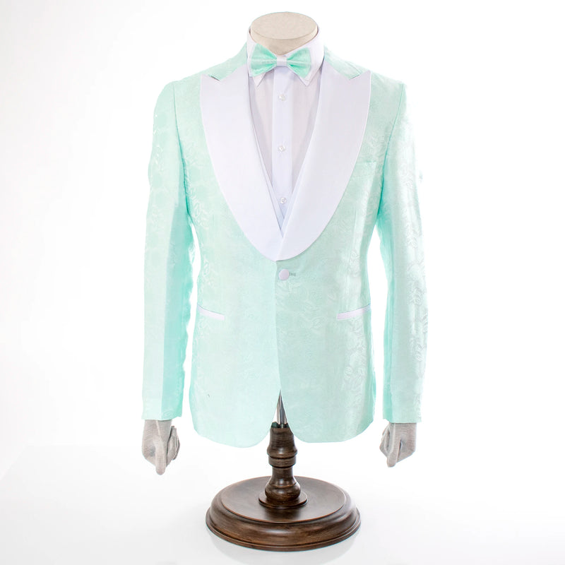 Men's Mint Green And White Damask Floral 3-Piece Tailored-Fit Tuxedo With Peak Lapels And Vest