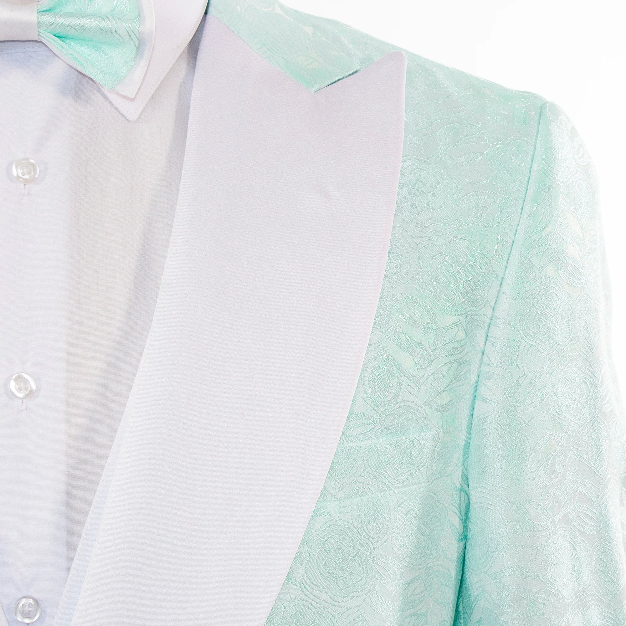 Men's Mint Green And White Damask Floral 3-Piece Tailored-Fit Tuxedo With Peak Lapels And Vest