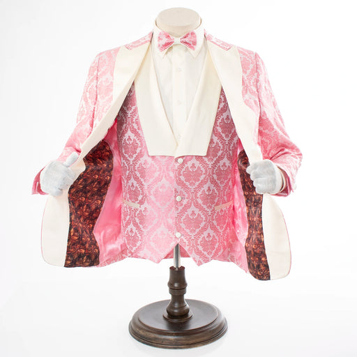 Men's Pink And White Damask Floral 3-Piece Tailored-Fit Tuxedo With Peak Lapels And Vest