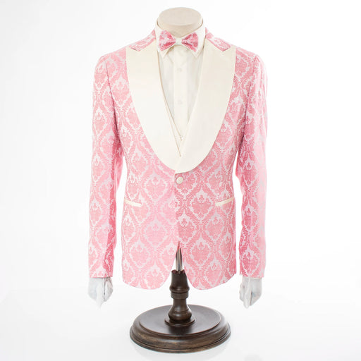 Men's Pink And White Damask Floral 3-Piece Tailored-Fit Tuxedo With Peak Lapels And Vest