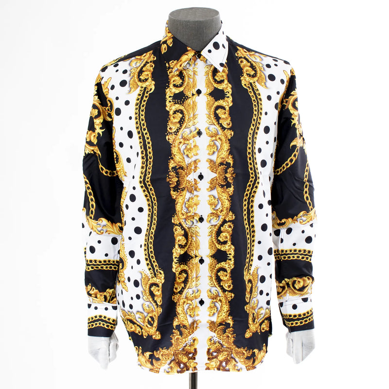 Black Polka Dot with Gold Flourish Rhinestone Dress Shirt