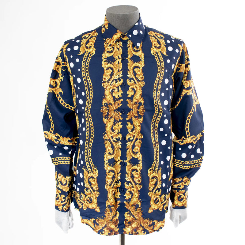Navy and Gold Filigree Rhinestone Regular-Fit Dress Shirt
