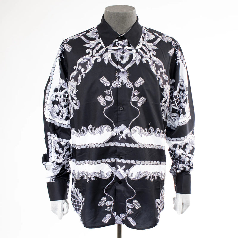 Black Designer Rhinestone Regular-Fit Dress Shirt