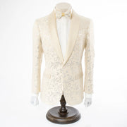 Men's Cream Scroll Motif Slim-Fit Jacket - Front Button Closure 