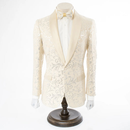 Men's Cream Scroll Motif Slim-Fit Jacket - Front Button Closure 