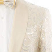 Men's Cream Scroll Motif Slim-Fit Jacket - Shawl Lapel