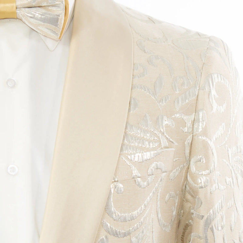 Men's Cream Scroll Motif Slim-Fit Jacket - Shawl Lapel