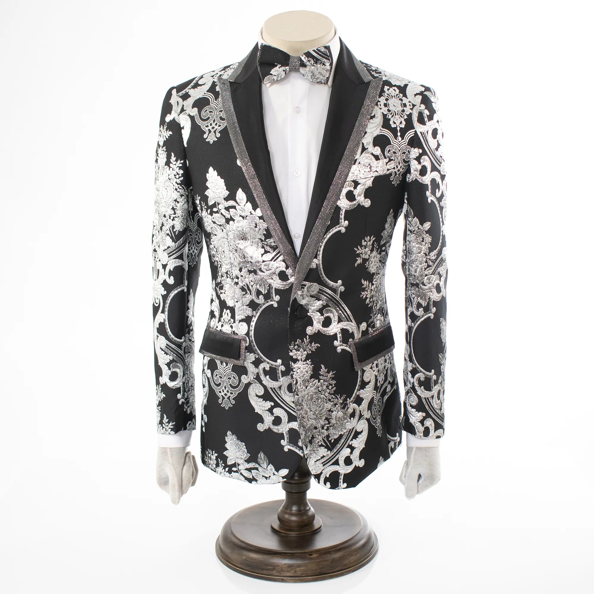 Black And Silver Damask Slim-Fit Jacket With Peak Lapels