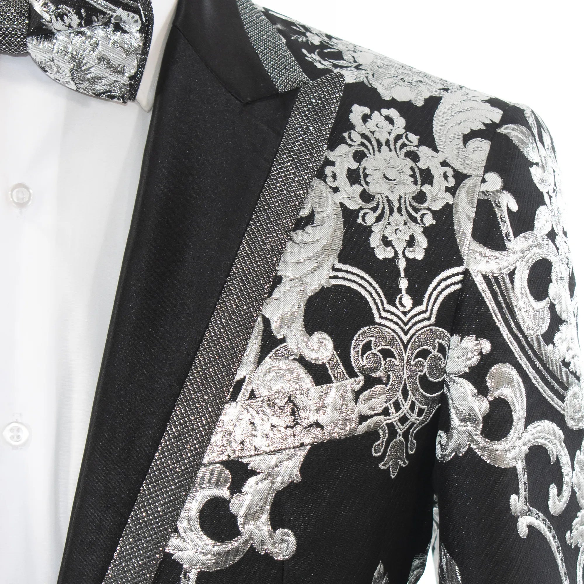 Black And Silver Damask Slim-Fit Jacket With Peak Lapels