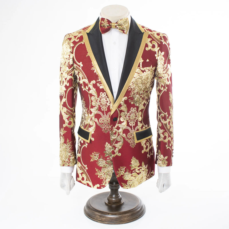 Burgundy Damask Slim-Fit Jacket With Peak Lapels