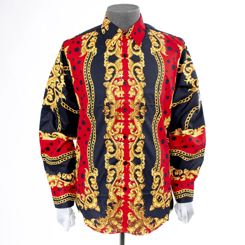 Red and Black Polka Dot with Gold Flourish Rhinestone Dress Shirt