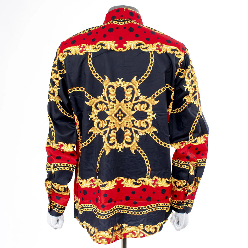 Red and Black Polka Dot with Gold Flourish Rhinestone Dress Shirt