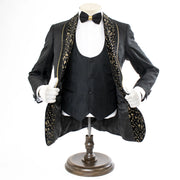 Men's Black And Gold Floral Slim-Fit Tuxedo With Gold Trim