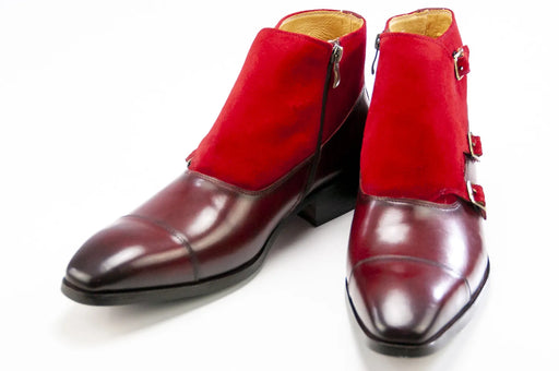 Men's Burgundy Leather And Suede Monk Strap Dress Boots