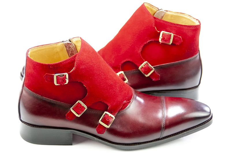 Men's Burgundy Leather And Suede Monk Strap Dress Boots