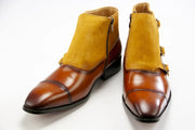 Men's Cognac Yellow Leather And Suede Monk Strap Dress Boots
