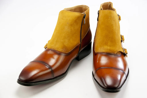 Men's Cognac Yellow Leather And Suede Monk Strap Dress Boots