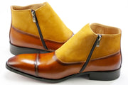 Men's Cognac Yellow Leather And Suede Monk Strap Dress Boots