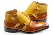 Men's Cognac Yellow Leather And Suede Monk Strap Dress Boots