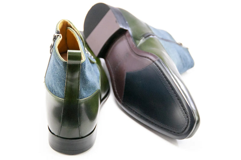 Olive Leather and Denim Zip Spat Boots