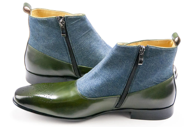 Olive Leather and Denim Zip Spat Boots