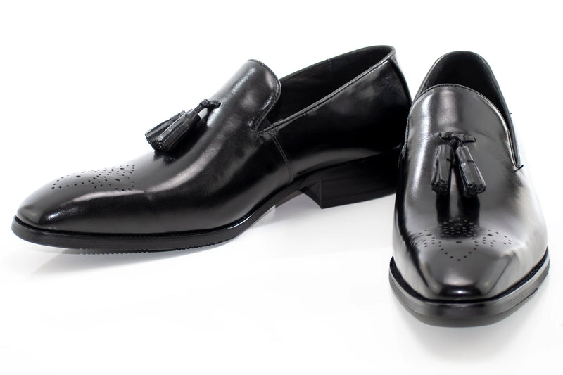 Men's Black Tassel Dress Loafer With Medallion Toe