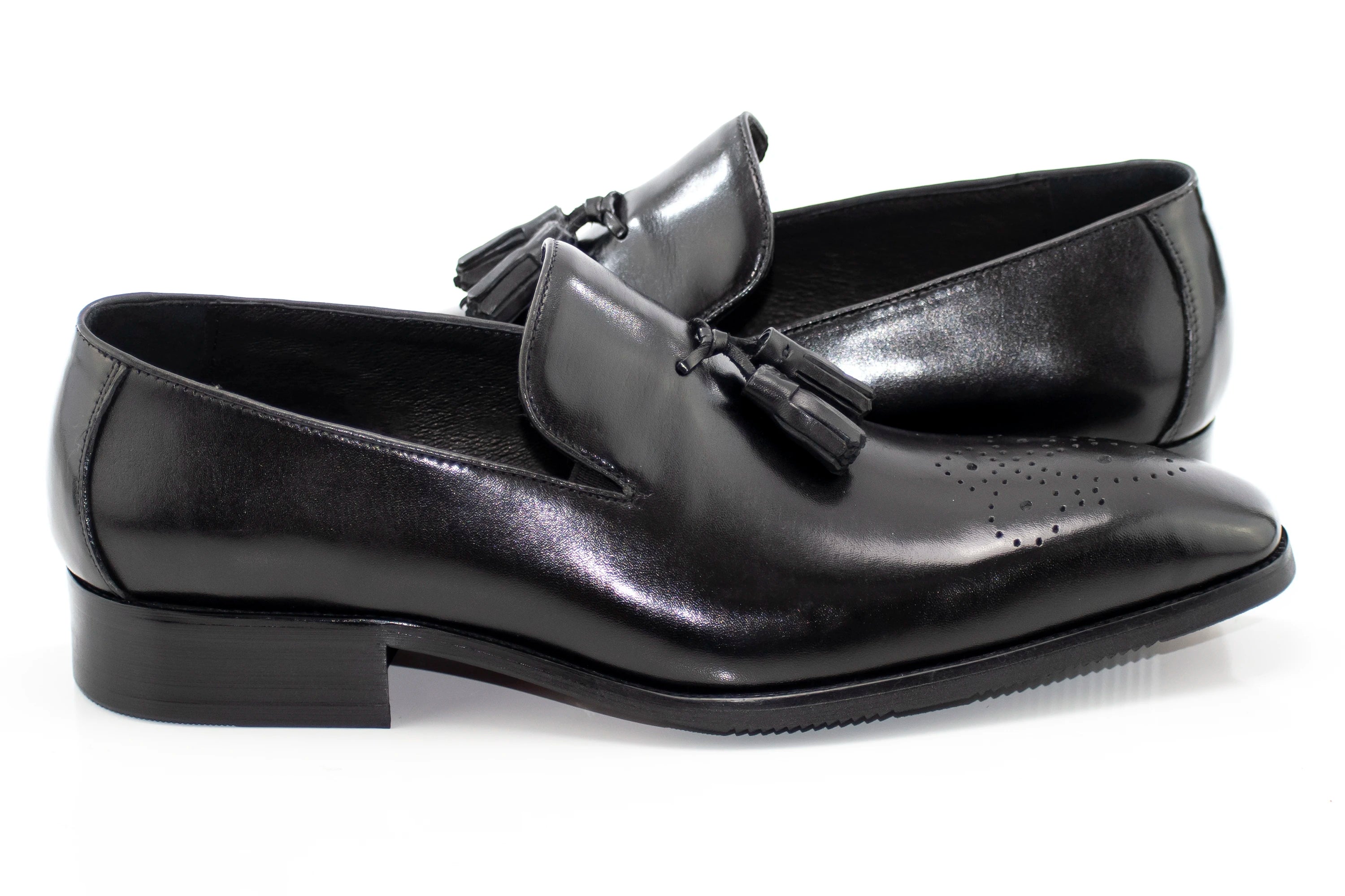 Men's Black Tassel Dress Loafer With Medallion Toe