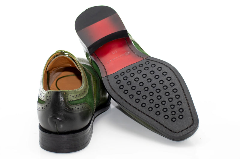 Men's Olive Green Vintage Oxford-Lace Dress Shoe With Medallion Toe