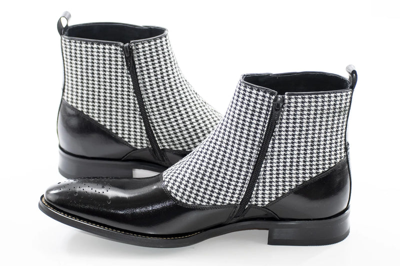 Black Leather And Tweed Spat Boot - Quarter, Heel