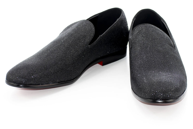 Men's Black Glitter Sparkling Dress Loafer With Red Sole