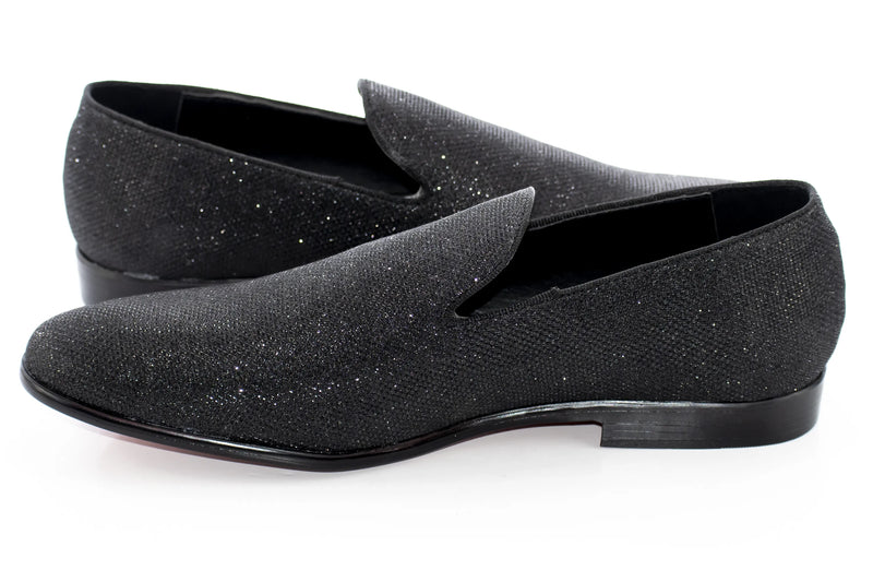 Men's Black Glitter Sparkling Dress Loafer With Red Sole