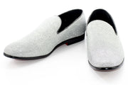 Men's Silver Glitter Sparkling Dress Loafer With Red Sole