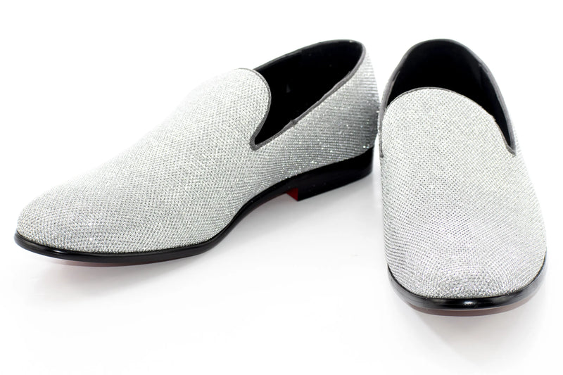 Men's Silver Glitter Sparkling Dress Loafer With Red Sole