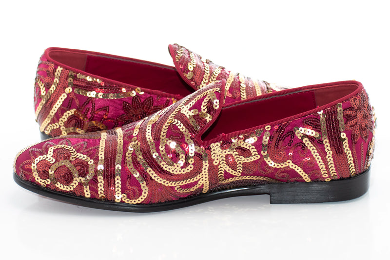 Burgundy And Gold Sequined Loafer - Quarter, Heel