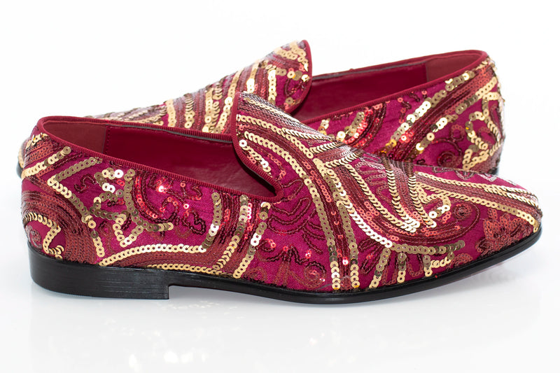 Burgundy And Gold Sequined Loafer - Quarter, Heel