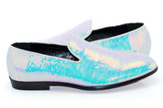 Men's Aqua Blue Iridescent Dress Loafer Side View And Heel