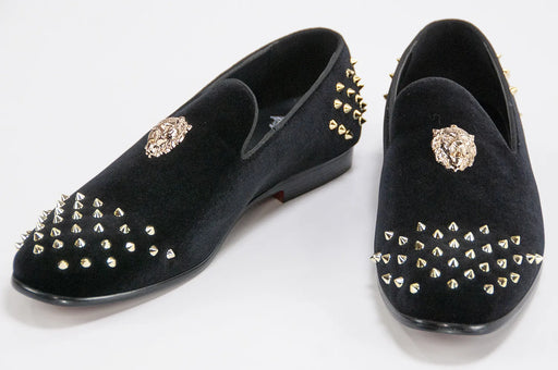 Men's Black Velvet Spiked Loafer With Lion's Head