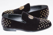 Men's Black Velvet Spiked Loafer With Lion's Head