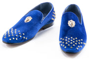 Men's Blue Velvet Spiked Loafer With Lion's Head
