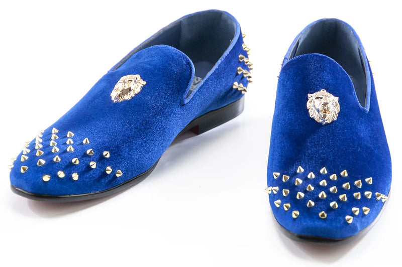 Men's Blue Velvet Spiked Loafer With Lion's Head