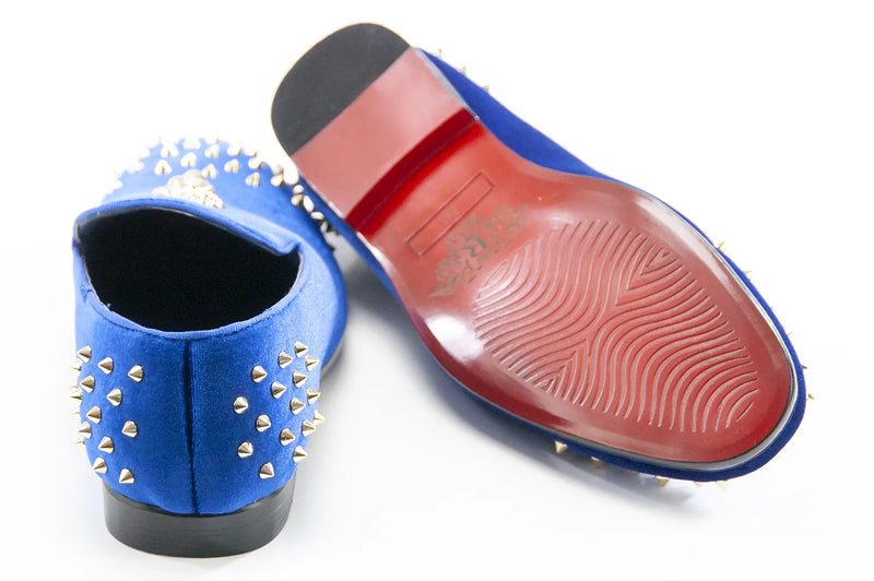 Men's Blue Velvet Spiked Loafer With Lion's Head