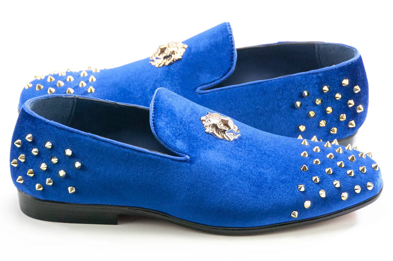 Men's Blue Velvet Spiked Loafer With Lion's Head