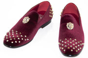 Men's Burgundy Velvet Spiked Loafer With Lion's Head