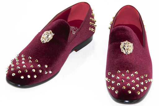 Men's Burgundy Velvet Spiked Loafer With Lion's Head