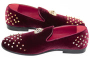 Men's Burgundy Velvet Spiked Loafer With Lion's Head