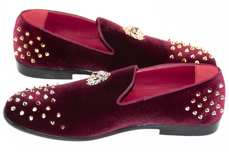 Men's Burgundy Velvet Spiked Loafer With Lion's Head