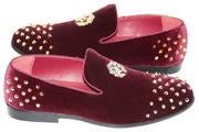 Men's Burgundy Velvet Spiked Loafer With Lion's Head