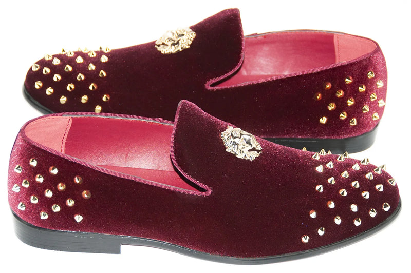 Men's Burgundy Velvet Spiked Loafer With Lion's Head