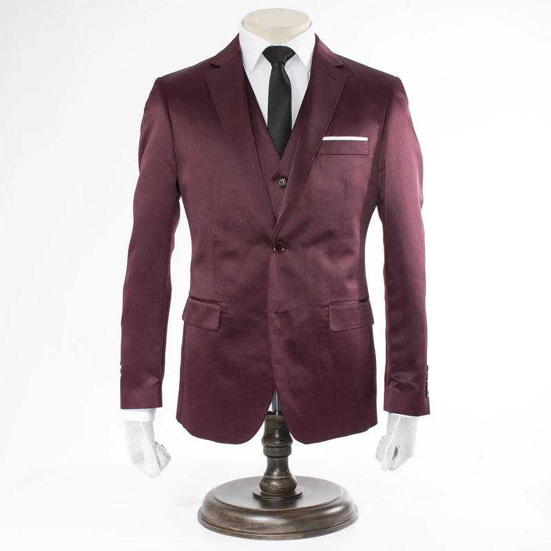 Burgundy Satin 3-Piece Tailored-Fit Suit