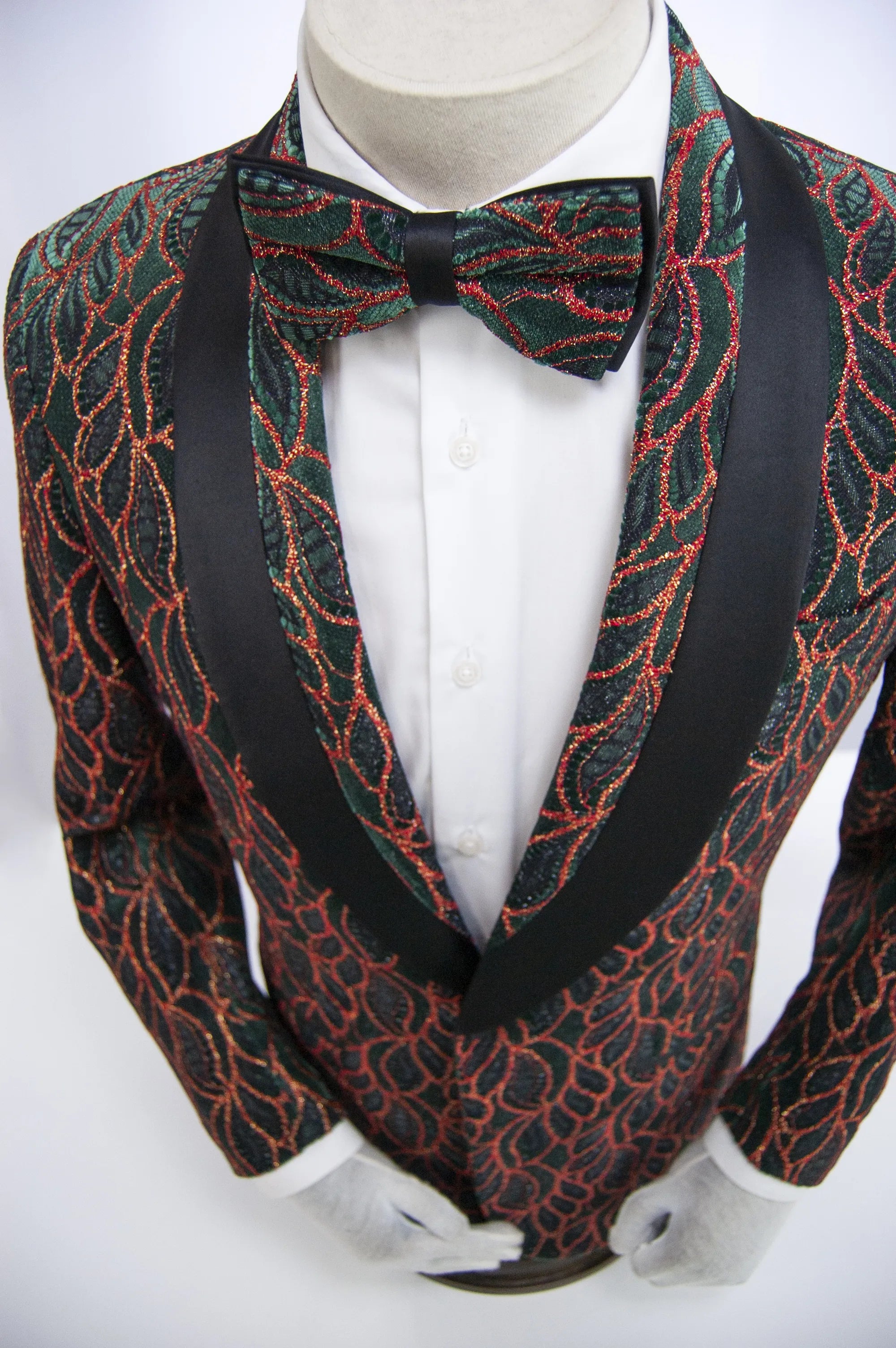 Hunter Green and Red Leaf Patterned Dinner Jacket